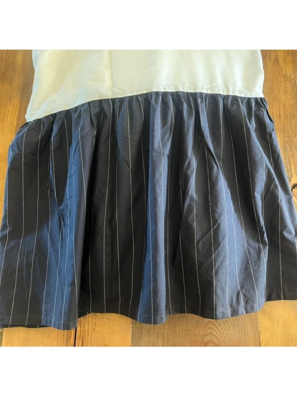 Chaps Home King Bedskirt White & Navy Pinstripe Cotton 15" Drop Classic Elegance